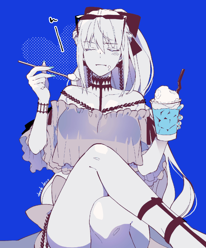 1girl, closed_eyes, decoske_decco, eyewear_on_head, fate/grand_order, fate_(series), food, highres, holding, holding_spoon, ice_cream, morgan_le_fay_(fate), official_alternate_costume, ponytail, solo, spoon, swimsuit