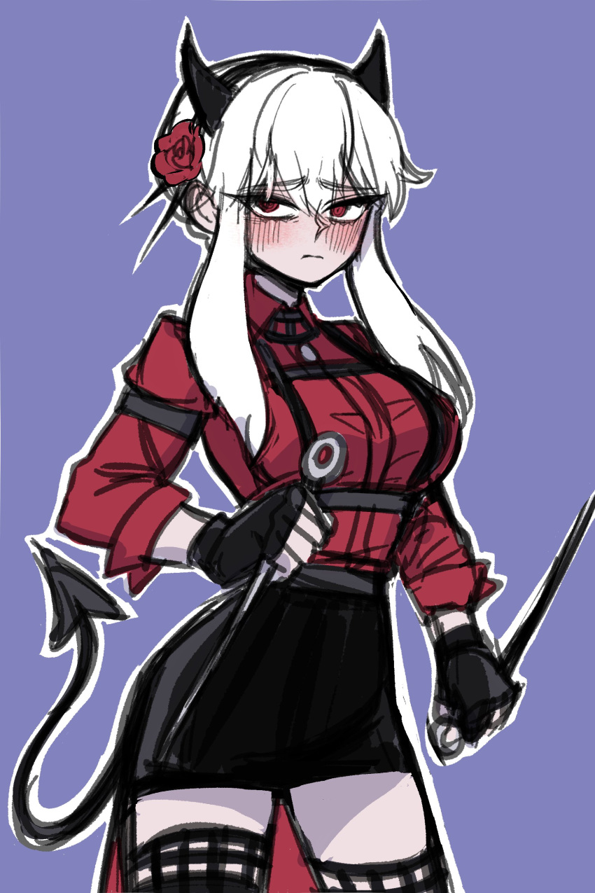 1girl, absurdres, black_gloves, black_skirt, blush, breasts, demon_girl, demon_horns, demon_tail, fingerless_gloves, flower, frown, gloves, grizz, hair_ornament, helltaker, highres, horns, large_breasts, long_hair, red_eyes, red_shirt, shirt, skirt, spy_x_family, sword, tail, thigh-highs, vanripper_(style), weapon, white_hair, yor_briar