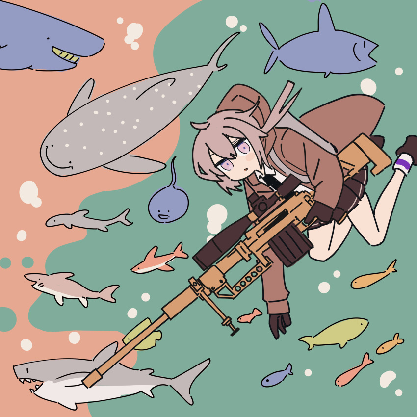 1girl, absurdres, black_gloves, black_necktie, black_skirt, bolt_action, brown_jacket, cheytac_m200