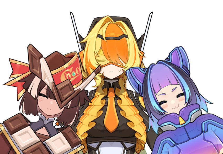 3girls, :3, blonde_hair, blue_hair, brown_hair, chocodan_(brown_chocolate), goz-zz, hat