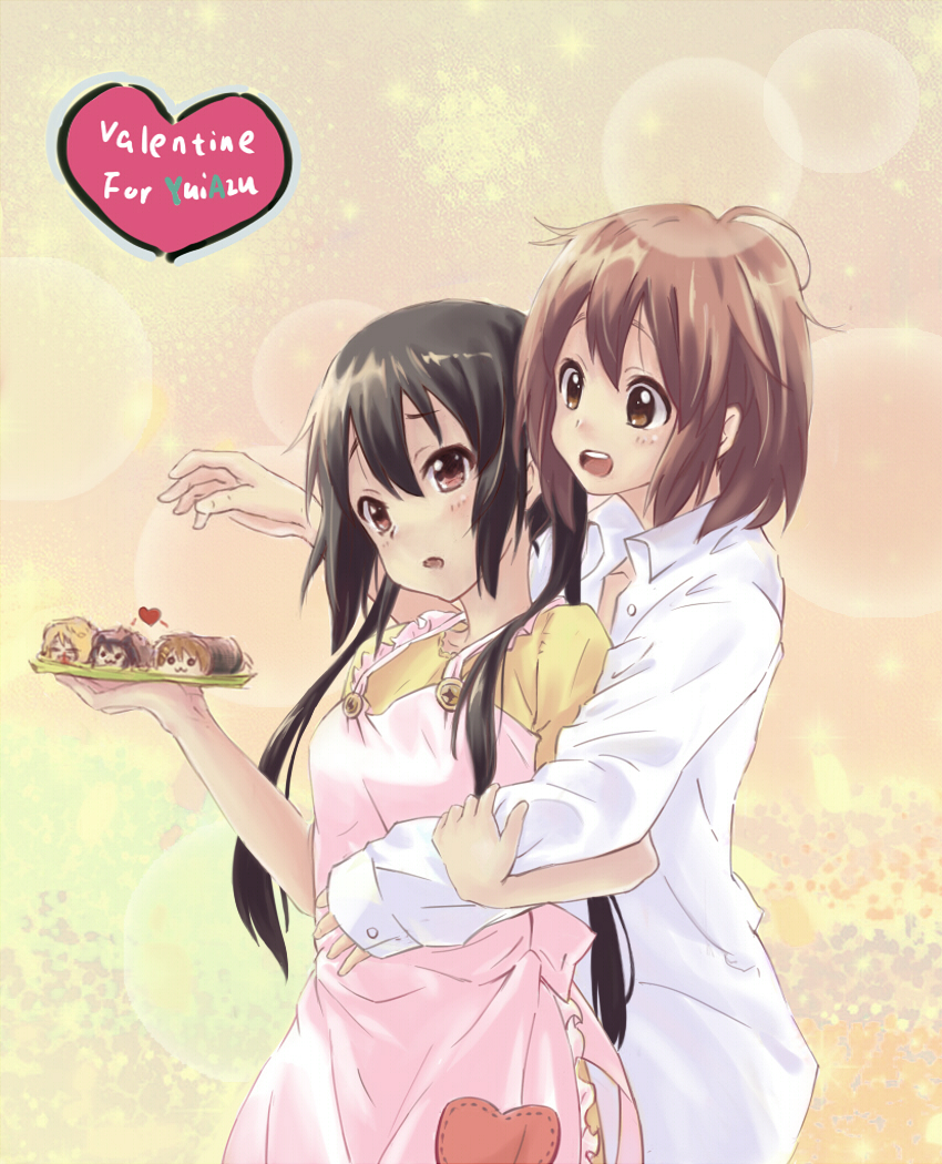 apron, black_hair, blood, blush, brown_eyes, brown_hair, heart, hirasawa_yui