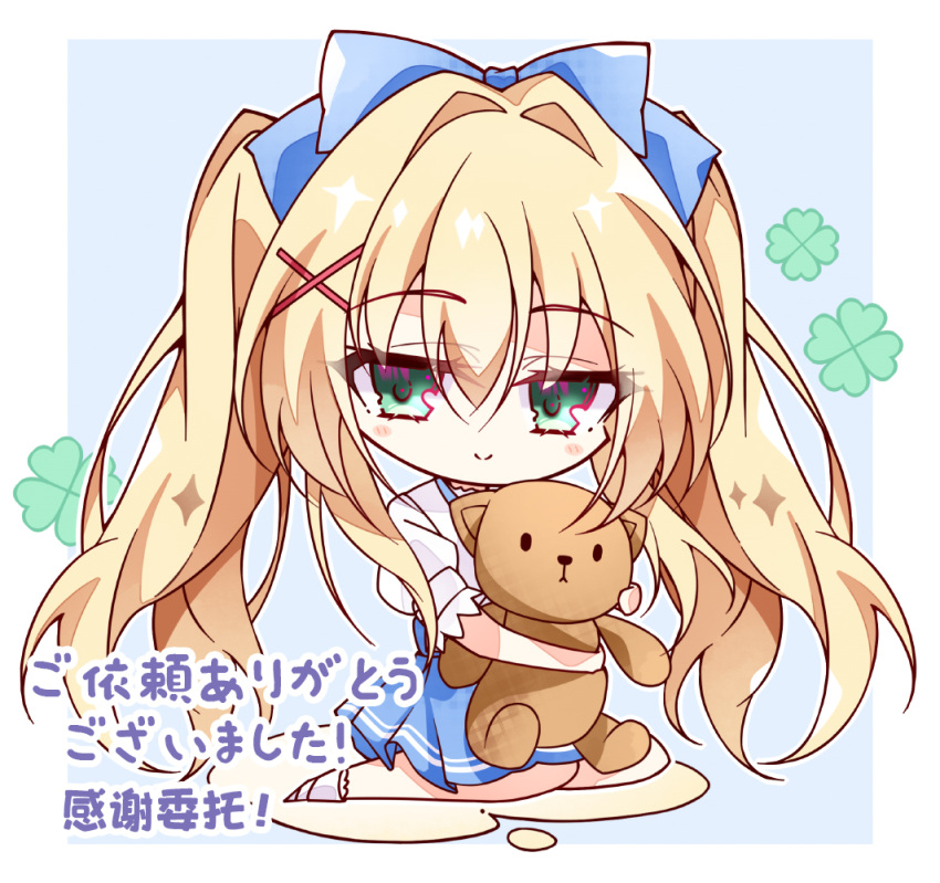 1girl, blonde_hair, blue_background, blue_bow, blue_skirt, blush_stickers, bow, chibi