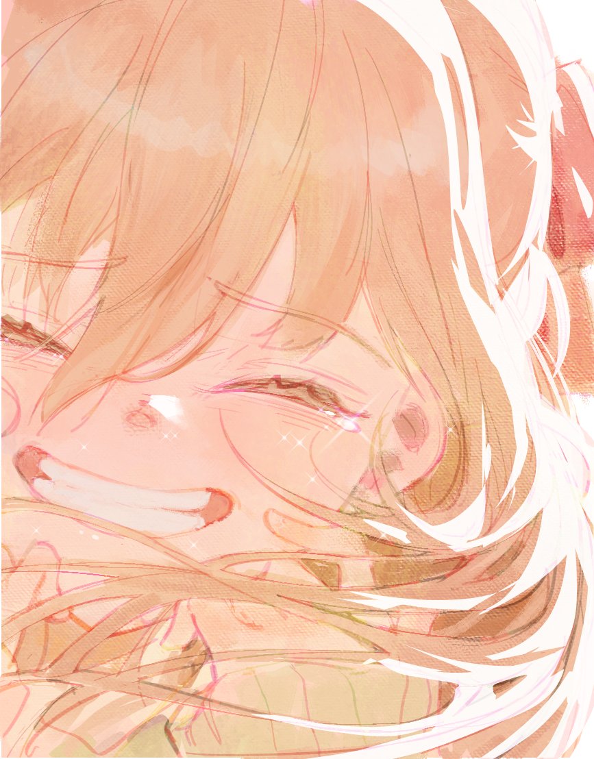 1girl, cardigan, close-up, closed_eyes, commentary, cursedweeboo, english_commentary, grin