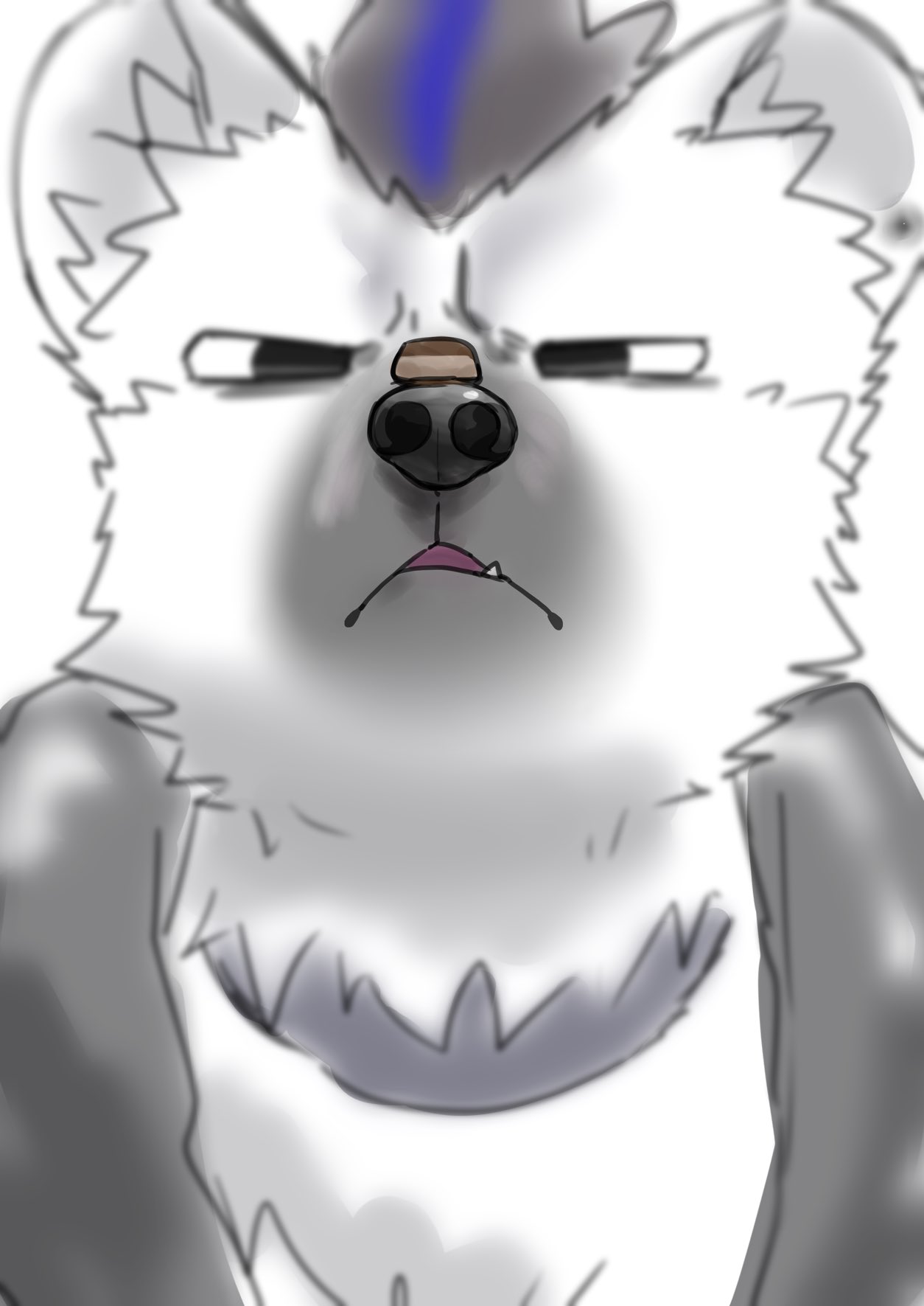 1boy, arknights, balancing_on_nose, black_hair, black_jacket, blurry, cross-eyed, depth_of_field