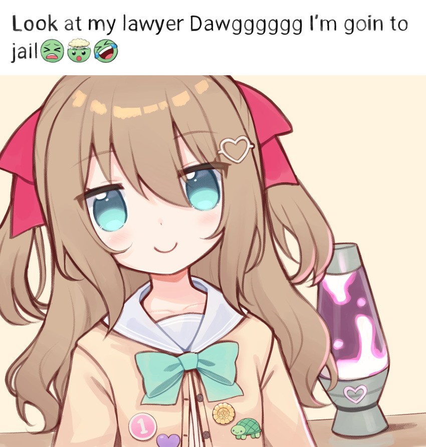 1girl, absurdres, blue_bow, blue_bowtie, blue_eyes, blue_sailor_collar, bow, bowtie, brown_hair, cardigan, closed_mouth, collarbone, commentary, dress_shirt, emoji, english_text, exploding_head_emoji, hair_between_eyes, hair_ornament, hair_ribbon, heart, heart_hair_ornament, highres, indie_virtual_youtuber, jitome, lava_lamp, long_hair, looking_at_viewer, melon-fox, meme, neuro-sama, osu!, red_ribbon, ribbon, sailor_collar, shirt, smile, solo, star_button, symbol-only_commentary, turtle_button, two_side_up, upper_body, virtual_youtuber, white_shirt, yellow_cardigan