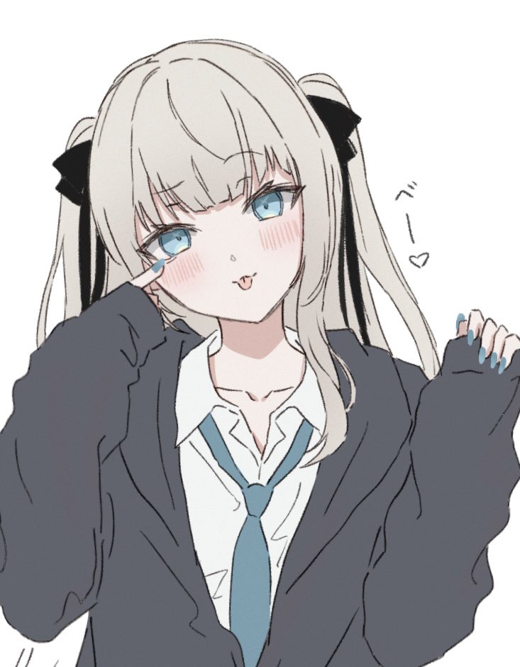 1girl, :p, blue_eyes, blue_nails, blush, character_request, copyright_request, grey_hair