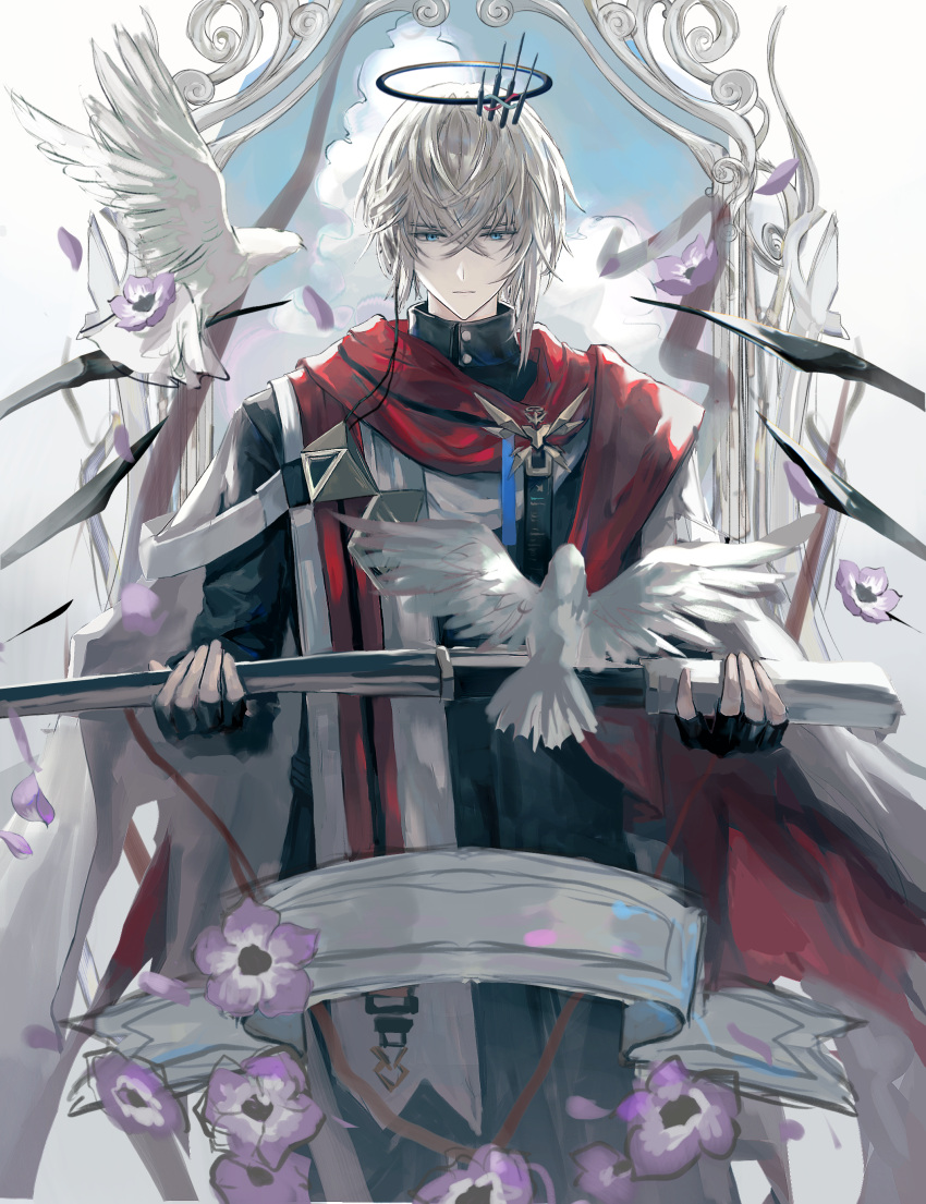 1boy, absurdres, arknights, bird, black_gloves, black_halo, black_shirt, black_sleeves