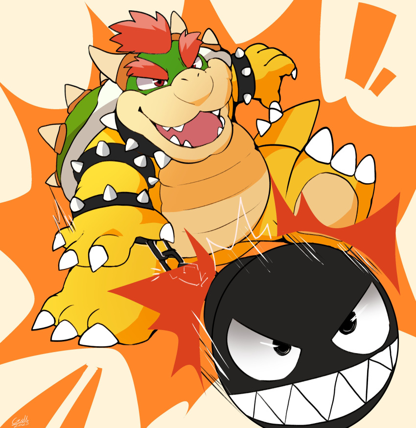 1boy, 1other, absurdres, armlet, bowser, bracelet, chain_chomp, claws, collar, commentary_request, fangs, furry, furry_male, gintyatyatyatya, grin, highres, horns, jewelry, looking_at_viewer, open_mouth, red_hair, smile, spiked_armlet, spiked_bracelet, spiked_collar, spiked_shell, spikes, super_mario_bros.