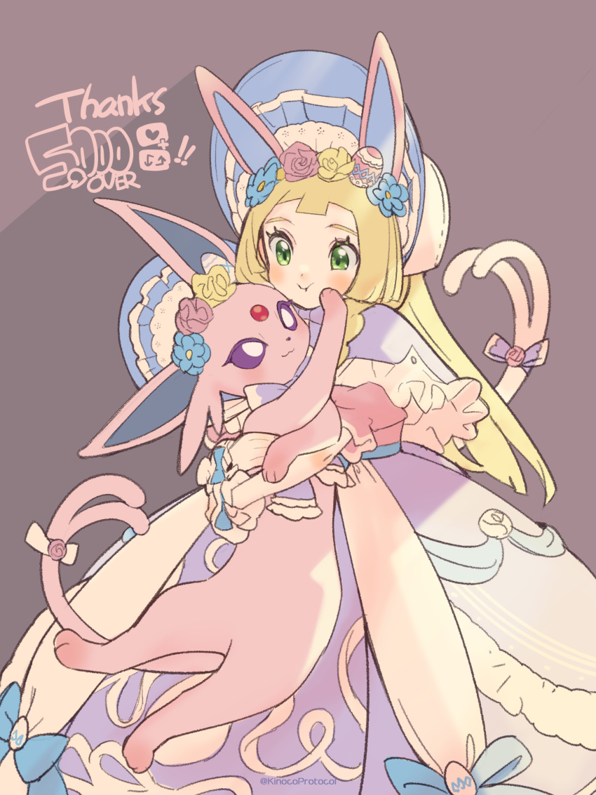 1girl, animal_ears, blonde_hair, blunt_bangs, blush, bonnet, dress, espeon