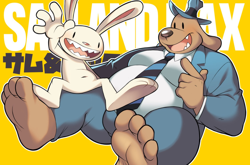 2boys, animal_ears, bakedanuki_(bakedanooki), barefoot, blue_hat, blue_pants, blue_suit, brown_fur