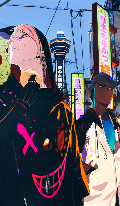 2boys, aqua_eyes, arjuna_(fate), arjuna_(under_the_same_sky)_(fate), black_eyes, black_gloves, black_hair, black_hood