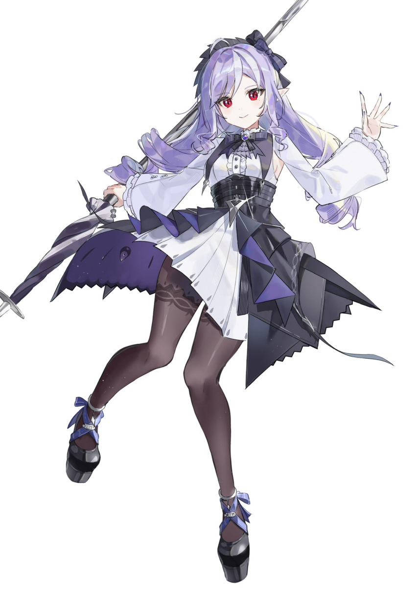 1girl, black_bow, black_bowtie, black_hairband, black_shoes, black_umbrella, bow, bowtie