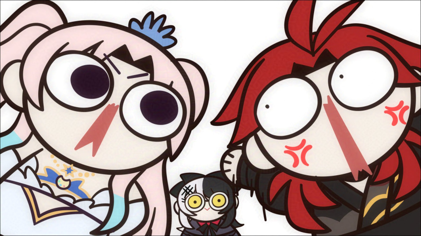 1boy, 2girls, :>, airani_iofifteen, airani_iofifteen_(sci-fi_princess), anger_vein, black_capelet, black_eyes