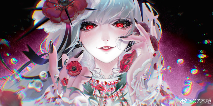 1girl, absurdres, air_bubble, black_background, black_nails, blush, bridal_gauntlets, bubble, chinese_commentary, chromatic_aberration, collar, colored_eyelashes, commentary, coquelic_(path_to_nowhere), cz_mu_cheng, eyelashes, fang, fascinator, flower, frilled_collar, frills, glitter_makeup, gradient_background, highres, leaf, lips, looking_at_viewer, path_to_nowhere, petals, poppy_(flower), portrait, red_eyes, red_flower, red_petals, ribbon_earrings, signature, smile, solo, straight-on, teardrop_facial_mark, teeth, thorns, upper_teeth_only, watermark, weibo_username, weibo_watermark, white_hair