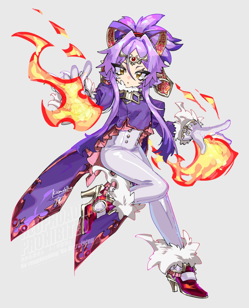 1girl, :o, blaze_the_cat, coat, fire, forehead_jewel, full_body, fur-trimmed_collar