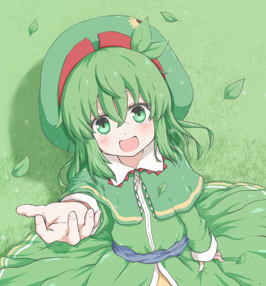 1girl, :d, capelet, dress, frills, green_dress, green_eyes, green_hair