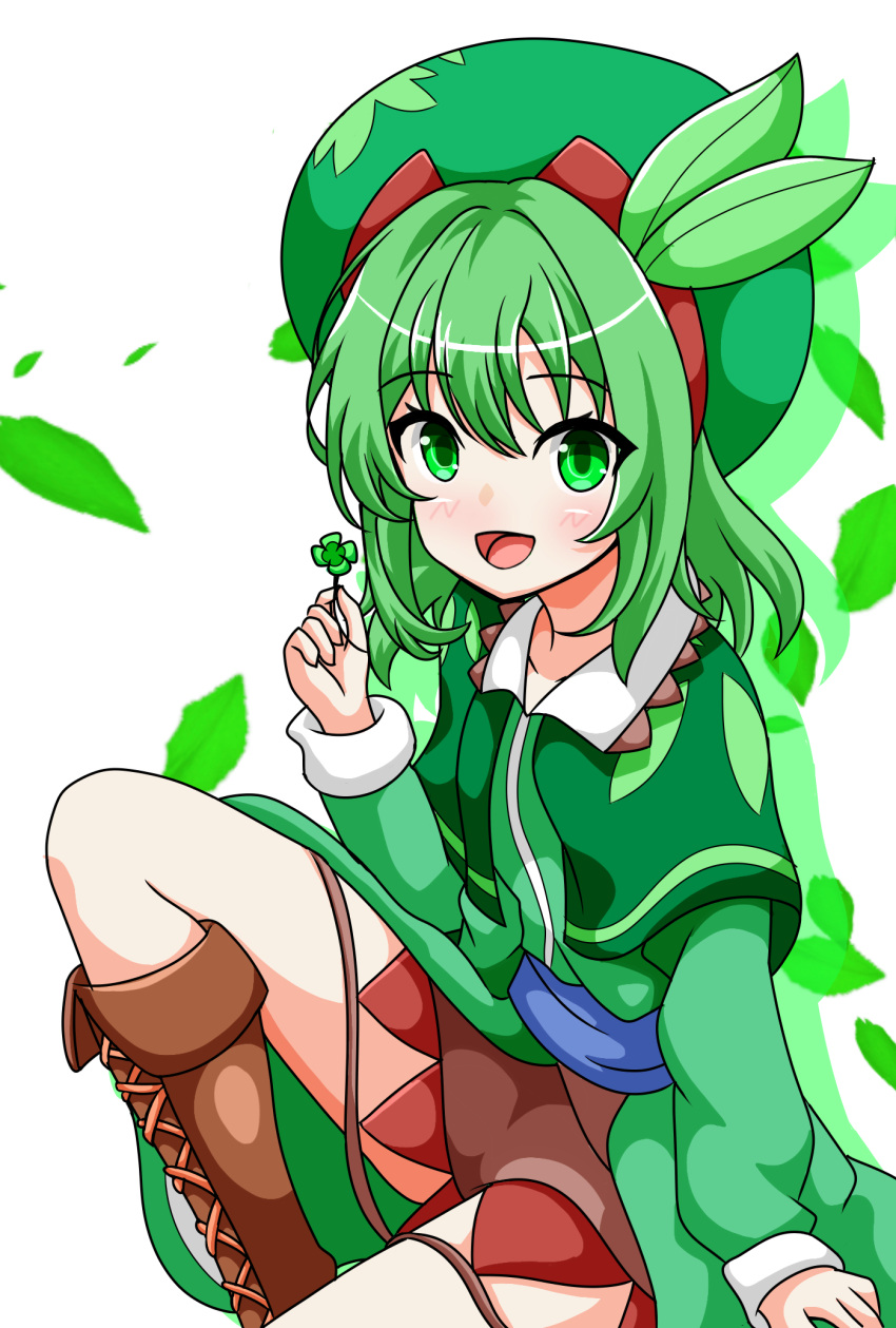 1girl, boots, brown_boots, capelet, clover, dress, four-leaf_clover, green_dress