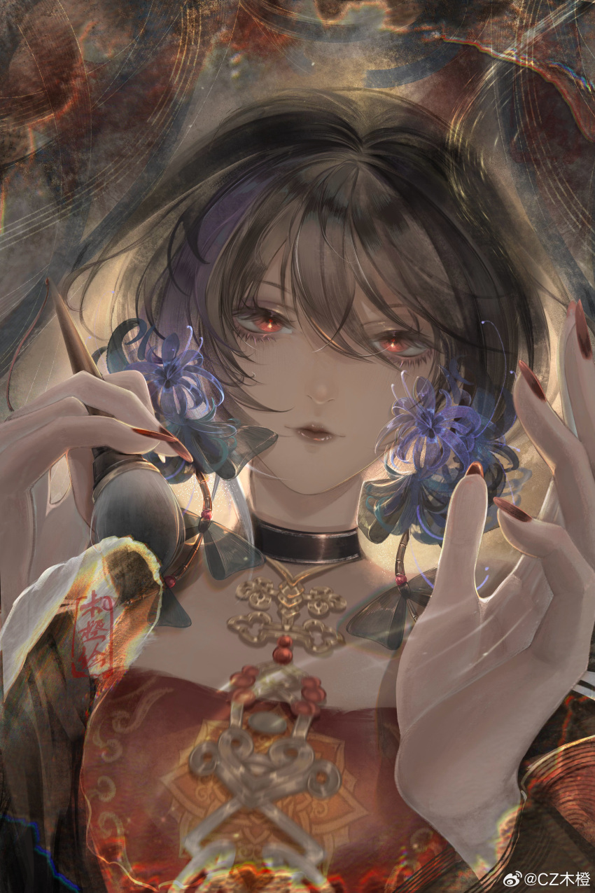 1girl, abstract_background, absurdres, black_choker, black_hair, calligraphy_brush, chinese_clothes, chinese_commentary