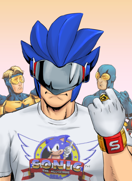 3boys, blonde_hair, blue_beetle, blue_bodysuit, bodysuit, booster_gold, cosplay, crossover