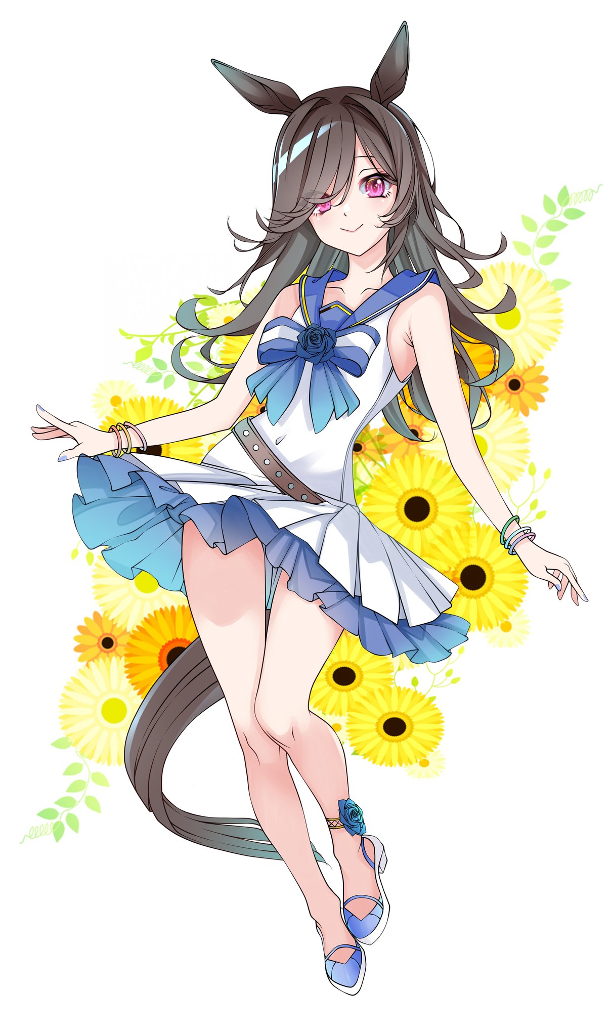 1girl, animal_ears, blue_bow, blue_bowtie, blue_nails, blue_sailor_collar, bow, bowtie