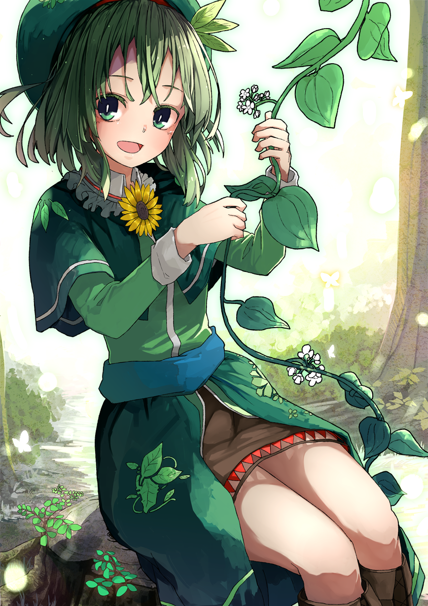 1girl, capelet, commission, dress, flower, frills, futatsuki_eru, green_dress