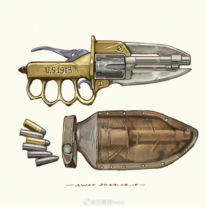 artist_name, bayonet, bullet, chinese_commentary, chromatic_aberration, commentary_request, dated, gun