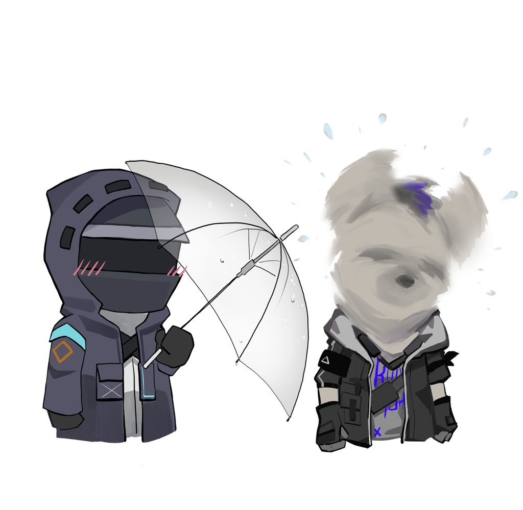1boy, 1other, arknights, armband, black_hair, black_jacket, blush, chibi