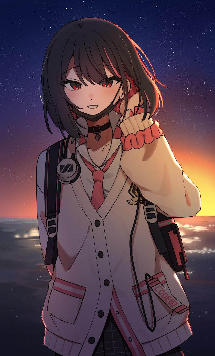 1girl, absurdres, backpack, bag, black_choker, black_hair, black_survival, buttons