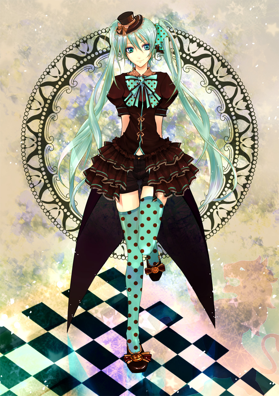 aqua_eyes, aqua_hair, arms_behind_back, blue_legwear, bowtie, checkered, checkered_floor, dress, full_body, hat, hatsune_miku, highres, long_hair, mini_top_hat, polka_dot, polka_dot_legwear, polka_dot_thighhighs, saryou, solo, thigh-highs, thighhighs, top_hat, twintails, very_long_hair, vocaloid