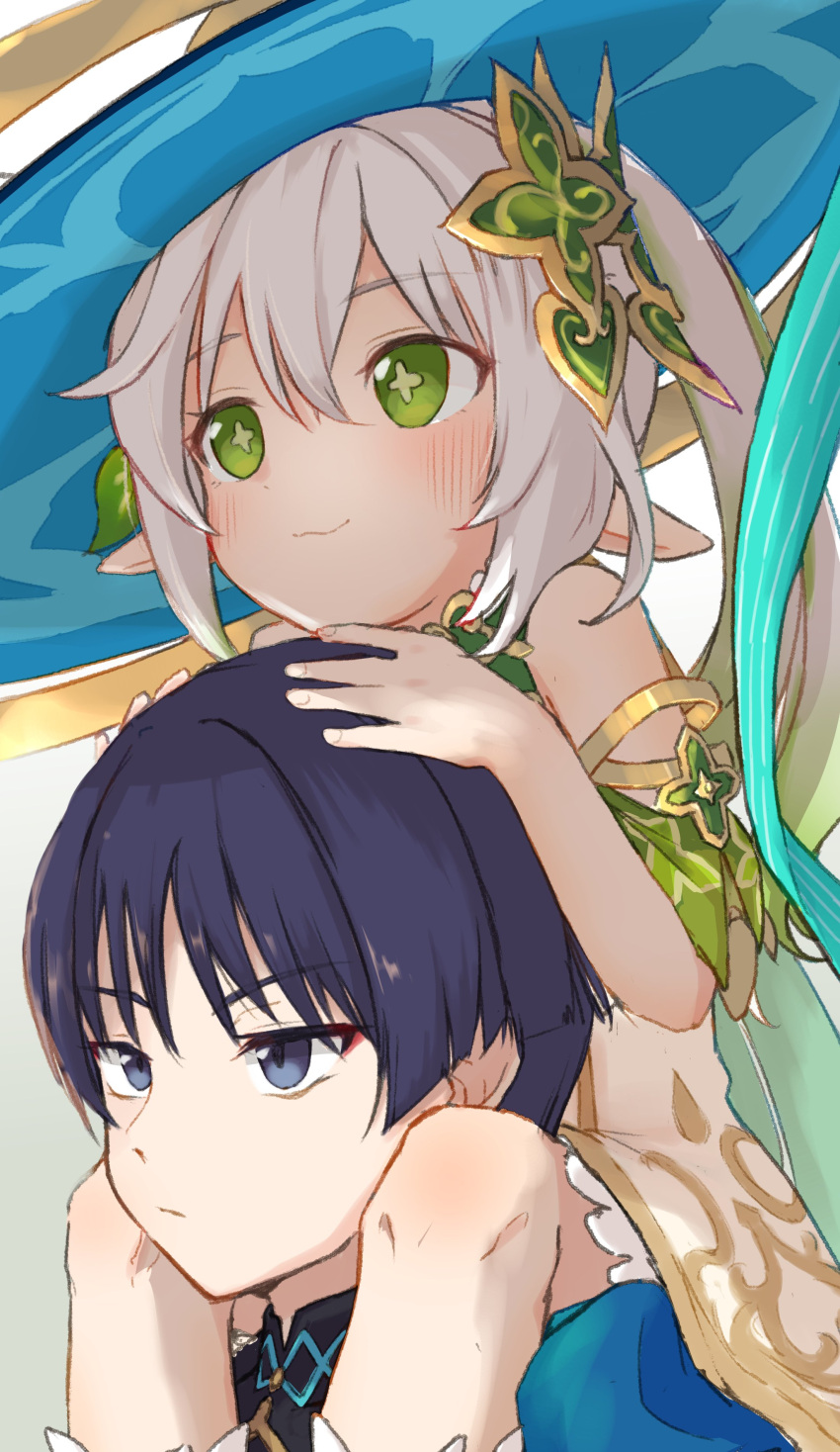 1boy, 1girl, absurdres, blue_eyes, blush, borrowed_clothes, carrying, closed_mouth