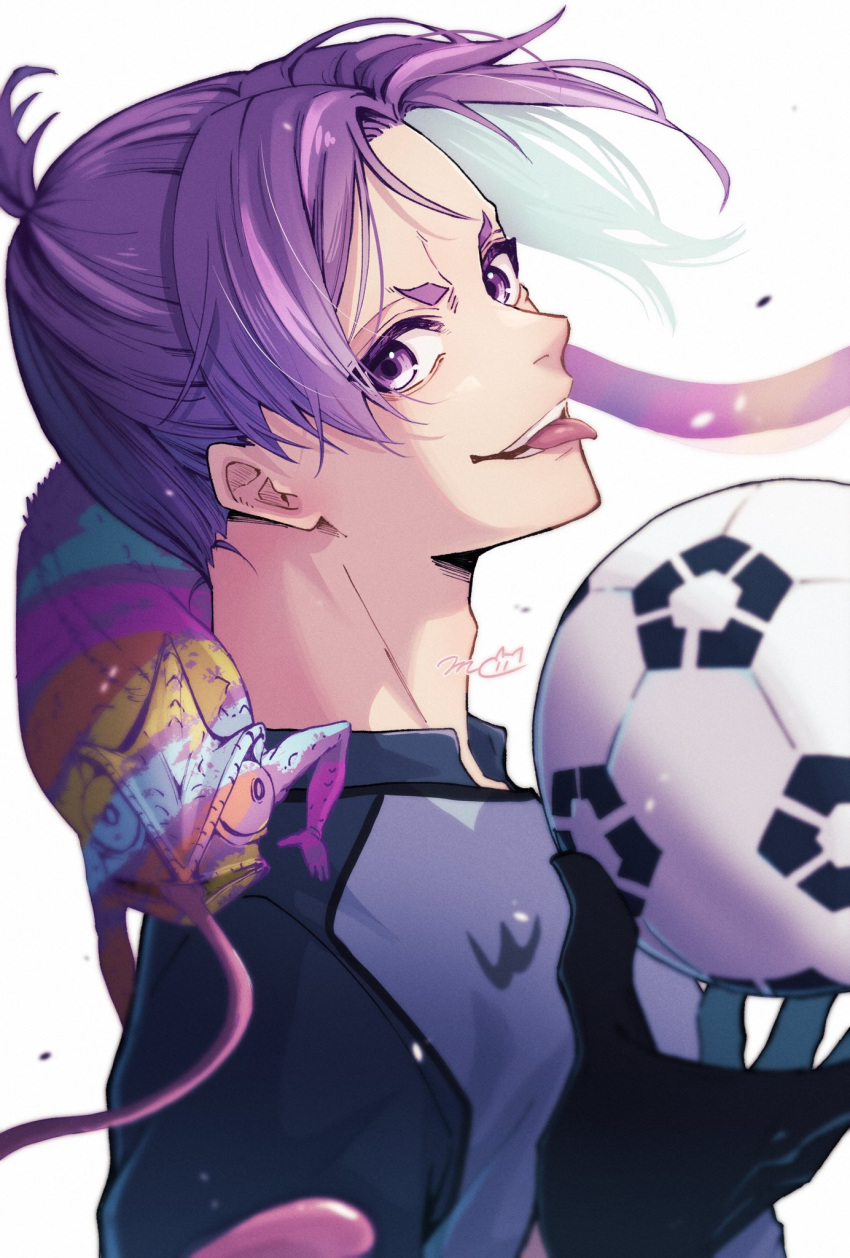 1boy, adam's_apple, animal_on_shoulder, artist_name, ball, black_gloves, blue_lock, blue_shirt