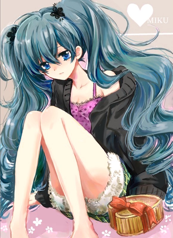 blue_eyes, gift, hatsune_miku, holding, holding_gift, long_hair, serinavvv, shorts