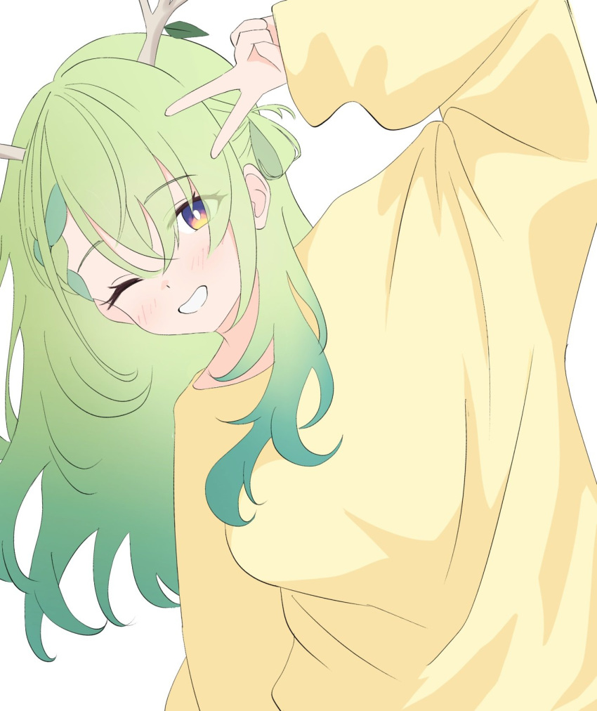 1girl, alternate_costume, antlers, arm_up, baggy_clothes, braid, braided_bangs, branch