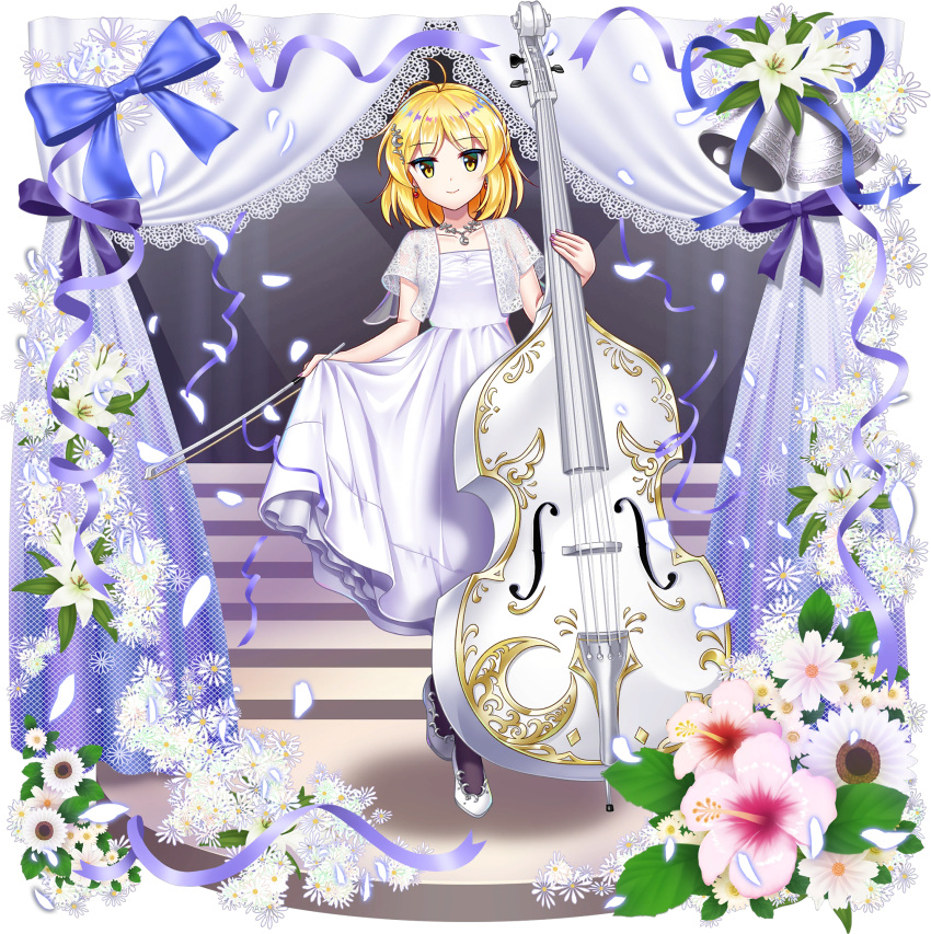 1girl, ahoge, alternate_costume, bell, black_pantyhose, blonde_hair, bow_(music), closed_mouth