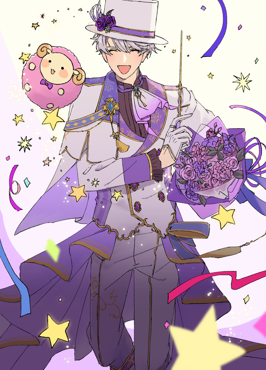1boy, :d, ^_^, absurdres, ascot, blush, boots, bouquet