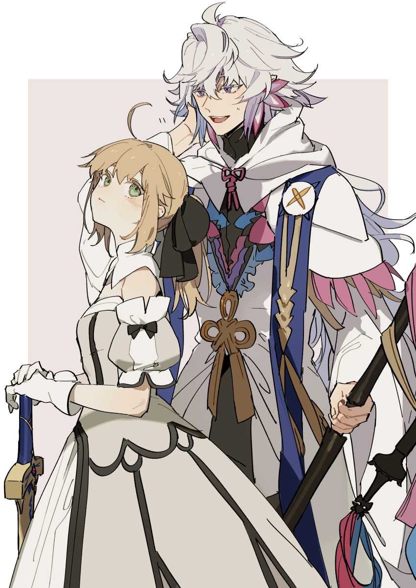 1boy, 1girl, absurdres, ahoge, artoria_pendragon_(fate), bare_shoulders, black_bow, black_shirt