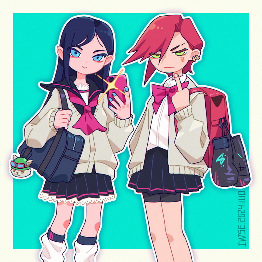 2girls, :>, :/, aqua_background, arcane:_league_of_legends, artist_name, backpack, bag