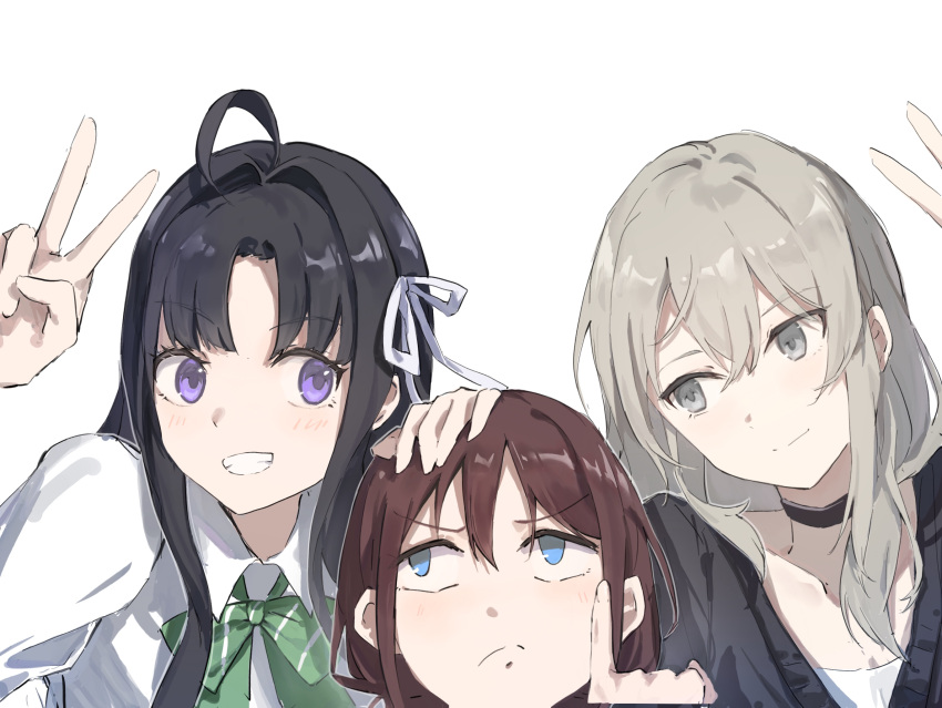 3girls, ahoge, awa_subaru, black_choker, black_hair, black_sweater, blue_eyes, blush