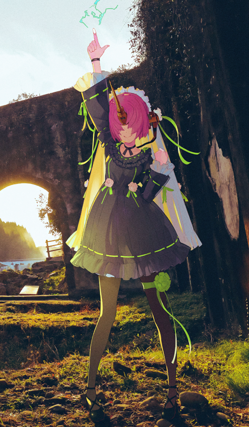 1girl, arm_above_head, black_dress, black_pantyhose, black_ribbon, black_shoes, bracelet, breasts