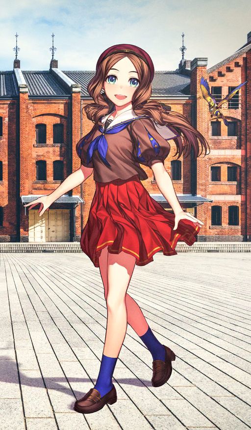 1girl, architecture, beret, black_bow, blue_eyes, blue_neckerchief, blue_socks, bow