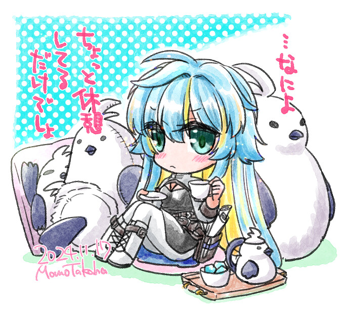 1girl, :<, artist_name, black_dress, blonde_hair, blue_eyes, blue_hair, blush