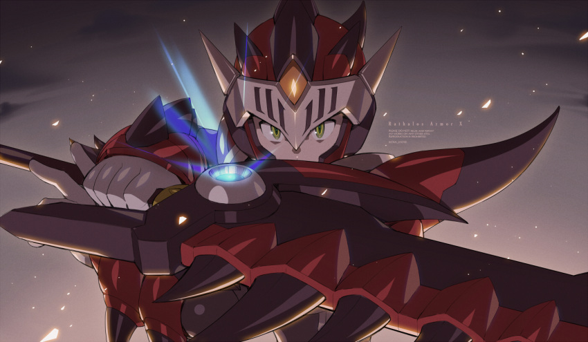 1boy, armor, english_text, gloves, glowing, greatsword, green_eyes, hair_between_eyes, helmet, holding, holding_sword, holding_weapon, looking_at_viewer, male_focus, mega_man_(series), mega_man_x_(series), mega_man_x_dive, monster_hunter_(series), rathalos_(armor), red_helmet, simple_background, solo, spikes, sword, upper_body, weapon, white_gloves, x_(mega_man), zxa_d1018