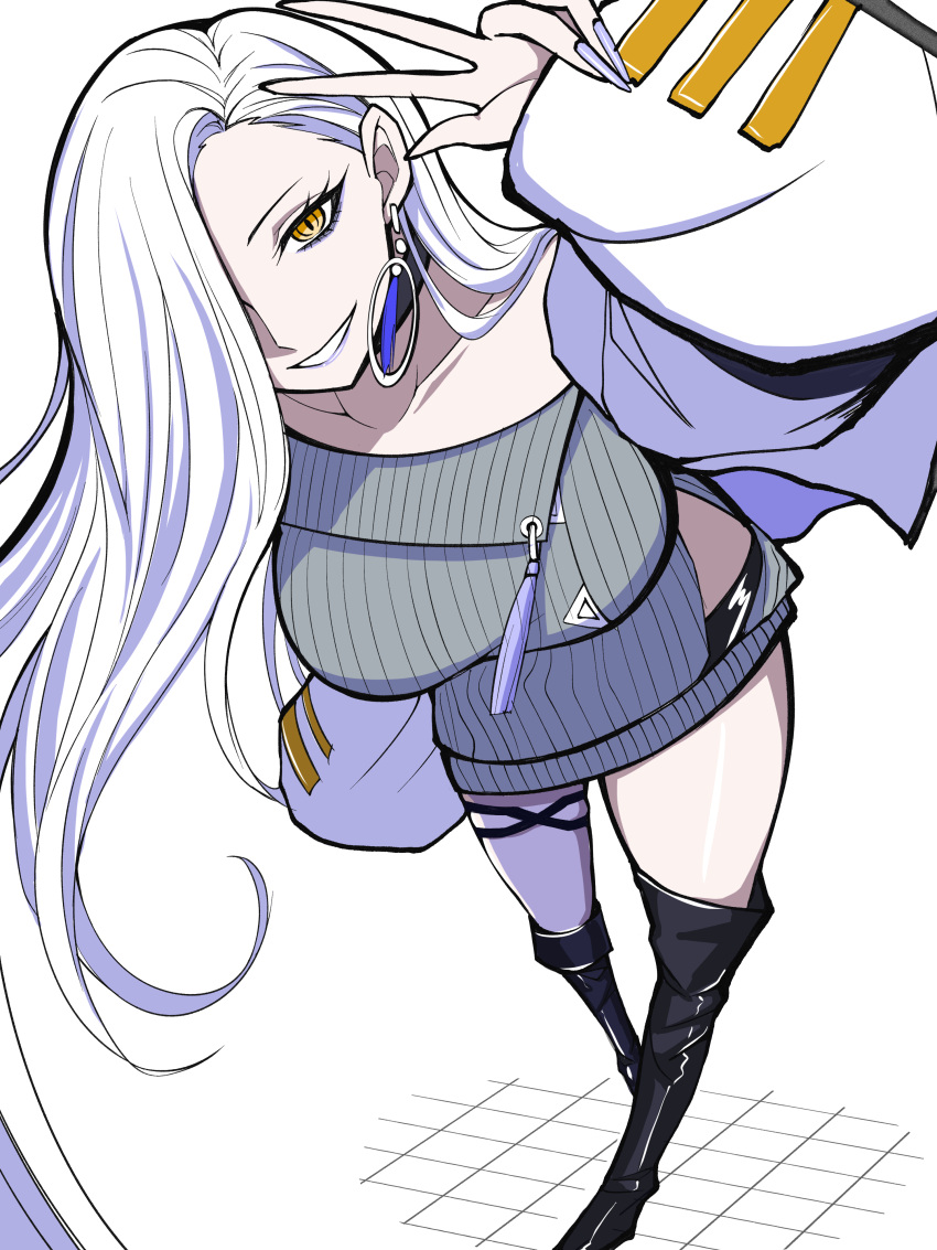 1girl, absurdres, black_boots, blue_eyeshadow, blue_lips, boots, breasts, collarbone