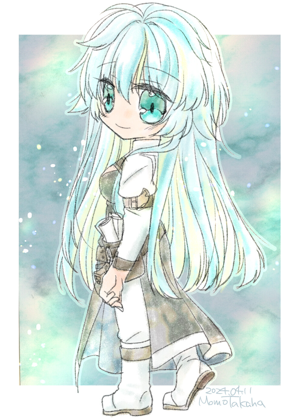 1girl, artist_name, black_dress, blonde_hair, blue_background, blue_eyes, blue_hair, boots