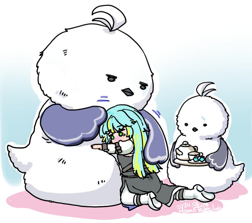 1girl, artist_name, bird, black_coat, blonde_hair, blue_hair, boots, coat