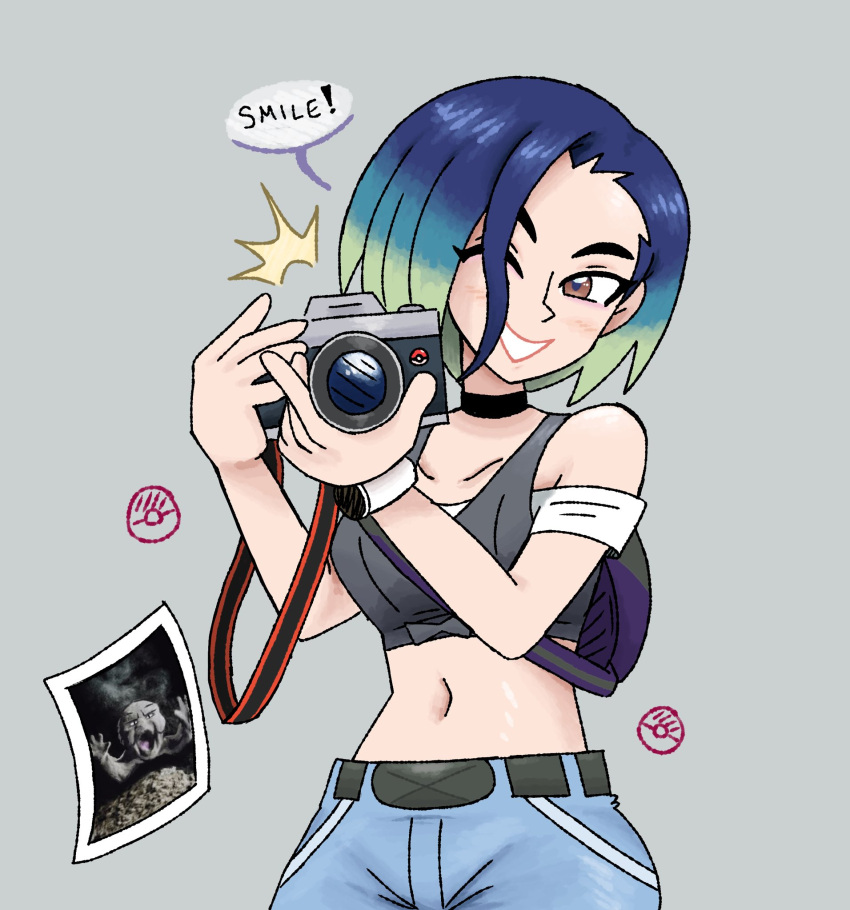 1girl, ash_baby_(meme), bare_shoulders, black_choker, blue_hair, bob_cut, breasts, brown_eyes