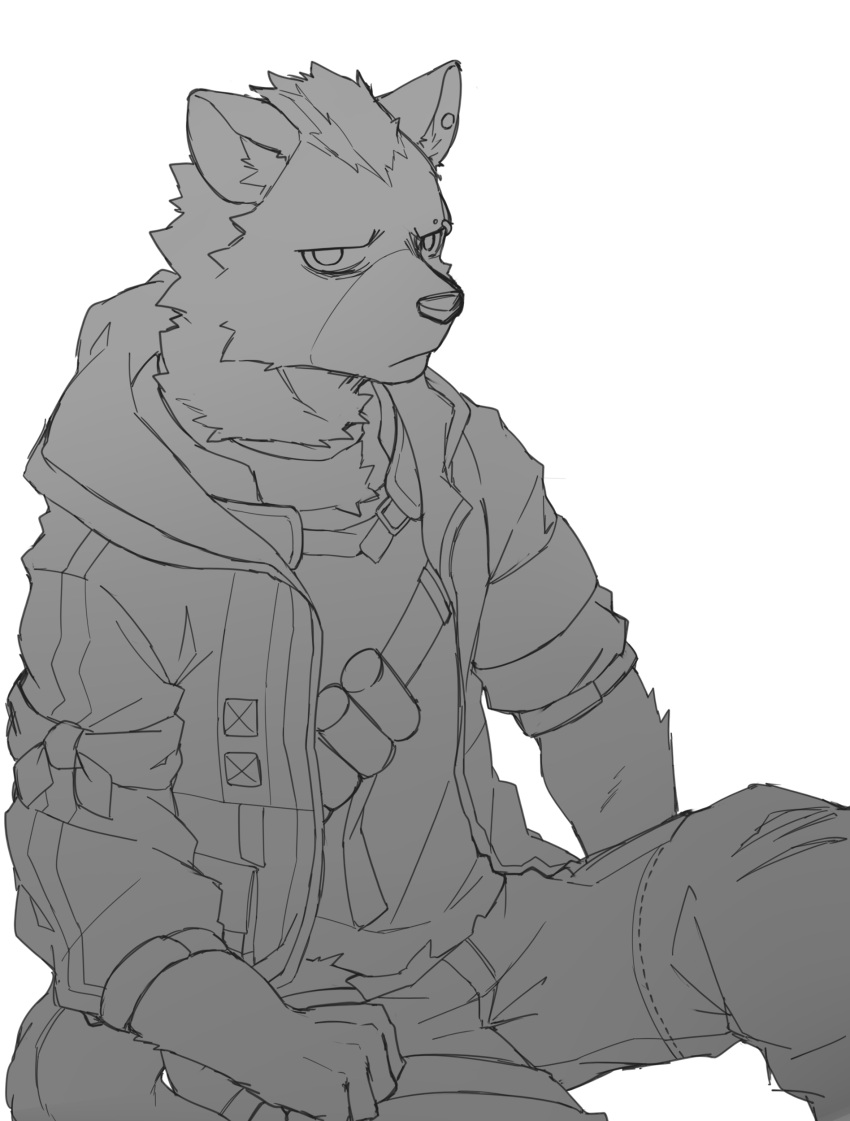 1boy, absurdres, arknights, dog_nose, english_commentary, furry, furry_male, greyscale