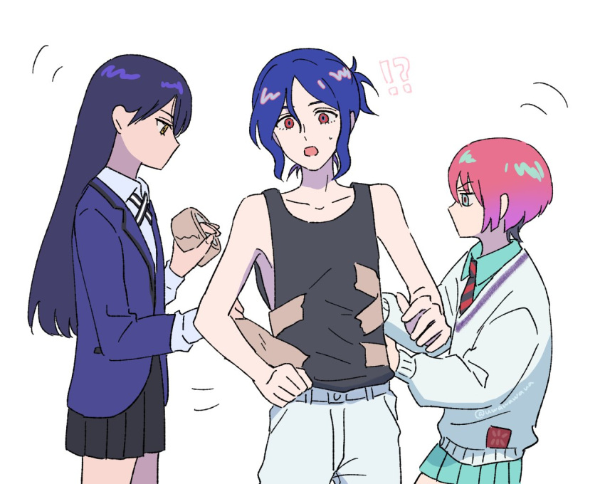 !?, 1boy, 2girls, amate_yuzuriha, aqua_eyes, blue_hair, collared_shirt, commentary_request