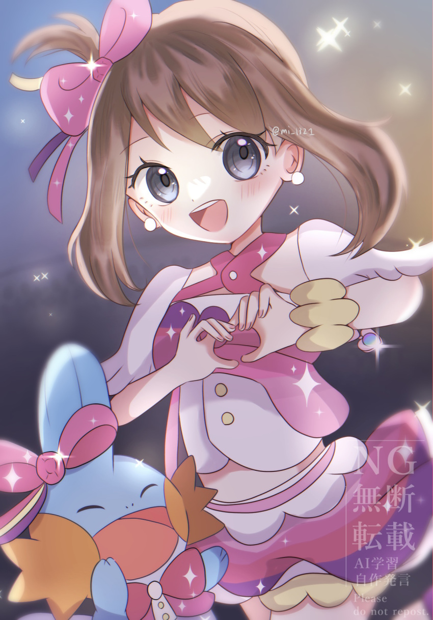 1girl, 3656_chan, :d, black_eyes, bow, brown_hair, hair_bow, heart