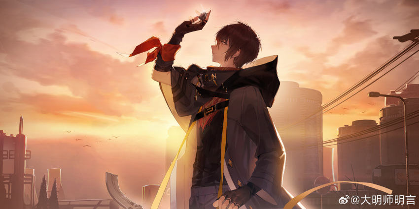 1boy, absurdres, backlighting, black_cloak, black_hair, black_shirt, building, chinese_commentary, cloak, fingerless_gloves, girls'_frontline_neural_cloud, girls_frontline, gloves, grey_pants, highres, holding, holding_rock, hood, hood_down, lamppost, male_focus, official_art, pants, penumbra_(neural_cloud), red_eyes, red_ribbon, ribbon, road_sign, rock, shirt, sign, solo, sunset, watermark, weibo_5367072777, weibo_username, weibo_watermark